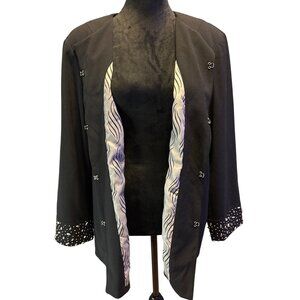 Open Front Blazer XL Maggie Barnes Black Womens Beaded cuffed sleeves Designer